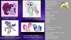 Size: 2048x1152 | Tagged: safe, artist:lunastaralight, imported from derpibooru, izzy moonbow, kerfuffle, pinkie pie, tempest shadow, twilight sparkle, oc, alicorn, bat pony, changedling, changeling, earth pony, kirin, pegasus, pony, unicorn, zebra, advertisement, commission, commission info, g5, my little pony: a new generation, twilight sparkle (alicorn)