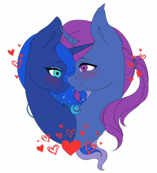 Size: 700x772 | Tagged: safe, artist:torihime, imported from derpibooru, princess luna, oc, oc:azure night, azuna, canon x oc, commission, heart, jewelry, necklace, shipping, simple background, transparent background, ych result