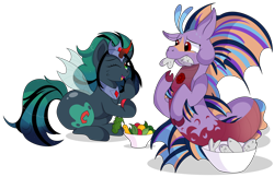 Size: 8500x5500 | Tagged: safe, artist:rainbowtashie, imported from derpibooru, oc, oc only, oc:empress sacer malum, oc:melicus ostium, fish, hybrid, pony, siren, unicorn, butt, changeling oc, changeling queen oc, commissioner:bigonionbean, curved horn, dazzling, dialogue, dummy thicc, eating, embarrassed, ethereal hair, ethereal mane, ethereal tail, extra thicc, female, flank, food, fusion, fusion:adagio dazzle, fusion:aria blaze, fusion:king sombra, fusion:nightmare moon, fusion:queen chrysalis, fusion:sonata dusk, gem, horn, looking back, magic, mare, open mouth, plot, queen umbra, rule 63, salad, simple background, siren gem, sweat, tail, the ass was fat, the dazzlings, transparent background, unicorn oc, wings, writer:bigonionbean