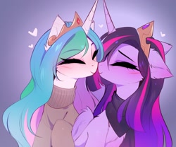 Size: 3000x2500 | Tagged: safe, artist:magnaluna, imported from derpibooru, princess celestia, twilight sparkle, alicorn, pony, boop, clothes, cute, cutelestia, eyes closed, female, floating heart, floppy ears, heart, lesbian, mare, noseboop, nuzzling, older, older twilight, shipping, sweater, turtleneck, twiabetes, twilestia, twilight sparkle (alicorn), weapons-grade cute