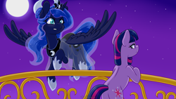 Size: 1920x1080 | Tagged: safe, artist:vladivoices, imported from derpibooru, part of a set, princess luna, twilight sparkle, alicorn, pony, unicorn, fanfic:friendship is tragic, animatic, balcony, duo, female, flying, moon, night, unicorn twilight