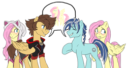 Size: 3336x1808 | Tagged: safe, artist:not-ordinary-pony, imported from derpibooru, fluttershy, oc, oc:moon mender, fanfic:forgiveness pending, fanfic:kingdom hearts of harmony, blushing, commission, crossover, embarrassed, kingdom hearts, kingdom hearts of harmony, self paradox, self ponidox, sora