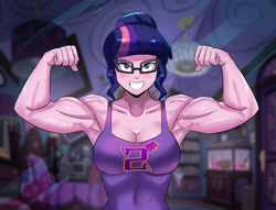 Size: 800x611 | Tagged: safe, artist:tzc, imported from derpibooru, sci-twi, twilight sparkle, equestria girls, breasts, busty sci-twi, clothes, commission, female, glasses, grin, muscles, muscular female, sci-twi muscle, shadowbolts, smiling, solo, twilight muscle