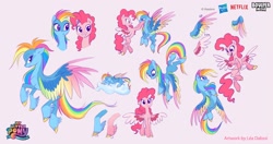 Size: 2048x1080 | Tagged: safe, artist:imalou, boulder media, imported from derpibooru, pinkie pie, rainbow dash, pegasus, pony, behind the scenes, boulder media logo, cloud, colored wings, concept art, duo, duo female, feathered fetlocks, female, g5, g5 concept leak style, g5 concept leaks, hasbro, hasbro logo, logo, lying down, lying on a cloud, mare, multicolored wings, my little pony: a new generation, my little pony: a new generation logo, netflix, netflix logo, on a cloud, pegasus pinkie pie, pink background, pinkie pie (g5 concept leak), race swap, rainbow dash (g5 concept leak), rainbow wings, simple background, wings