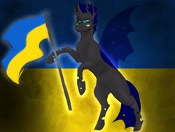 Size: 4000x3000 | Tagged: safe, artist:inisealga, imported from derpibooru, oc, oc only, oc:vex the changeling, changeling, blue changeling, commission, current events, face paint, flag, flag waving, male, stallion, standing on two hooves, tail, ukraine, ych result, your character here