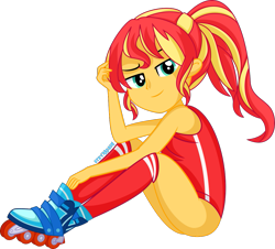 Size: 1105x1000 | Tagged: safe, artist:steyrrdash, imported from derpibooru, sunset shimmer, equestria girls, alternate hairstyle, bare shoulders, clothes, female, one-piece swimsuit, roller skates, rollerblades, show accurate, simple background, sleeveless, solo, swimsuit, transparent background