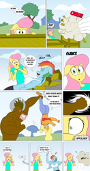 Size: 3072x5840 | Tagged: safe, artist:matchstickman, imported from derpibooru, applejack, fluttershy, rainbow dash, anthro, earth pony, minotaur, pegasus, comic:now i'm a jerk, abs, applejacked, biceps, comic, commission, deltoids, dizzy, female, implied shipping, implied soarindash, implied straight, male, mare, muscles, rainbuff dash, the tick, wonderbolts