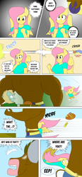 Size: 3254x6996 | Tagged: safe, artist:matchstickman, imported from derpibooru, applejack, fluttershy, oc, anthro, earth pony, minotaur, pegasus, comic:now i'm a jerk, abs, belt, bread, chibi, comic, commission, female, food, male, mare, muscles, oblivious, pecs, speech bubble, the tick