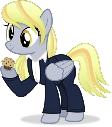 Size: 2920x3310 | Tagged: safe, artist:anime-equestria, imported from derpibooru, derpy hooves, pegasus, pony, alternate hairstyle, clothes, female, folded wings, food, full body, high res, hoof hold, mare, muffin, shadow, simple background, smiling, solo, standing, suit, tail, transparent background, vector, wings