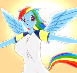 Size: 2118x2018 | Tagged: safe, artist:chidesul, imported from derpibooru, rainbow dash, anthro, pegasus, blushing, breasts, busty rainbow dash, clothes, female, solo, spread wings, wings
