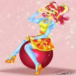 Size: 2048x2048 | Tagged: safe, artist:masterglucose, imported from derpibooru, sunset shimmer, equestria girls, ball, clothes, clothes swap, female, grin, high res, lipstick, one eye closed, red lipstick, sci-twi outfits, skirt, smiling, solo, space hopper, wink