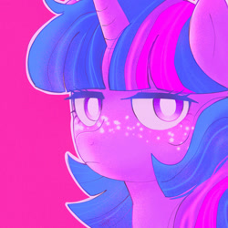 Size: 1400x1400 | Tagged: safe, artist:latiatonta, imported from derpibooru, twilight sparkle, unicorn, bust, simple background, solo, sparkles, unicorn twilight