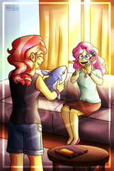 Size: 1600x2400 | Tagged: dead source, safe, artist:cordearcoiris, imported from derpibooru, fluttershy, sunset shimmer, shark, fanfic:playing house, series:who we become, equestria girls, blåhaj, book, couch, curtains, cute, deviantart watermark, duo, fanfic, fanfic art, female, lesbian, obtrusive watermark, plushie, shark plushie, shipping, sitting, standing, sunfish, sunshyne, table, watermark