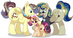 Size: 9000x4740 | Tagged: safe, artist:rainbowtashie, imported from derpibooru, oc, oc:king righteous authority, oc:princess young heart, oc:queen fresh care, alicorn, pony, alicorn oc, alicorn princess, awkward smile, bowtie, butt, clothes, commissioner:bigonionbean, embarrassed, family, family photo, father and child, father and daughter, female, filly, flank, foal, fusion, fusion:apple bloom, fusion:braeburn, fusion:carrot top, fusion:derpy hooves, fusion:dinky hooves, fusion:doctor whooves, fusion:golden harvest, fusion:mayor mare, fusion:minuette, fusion:prince blueblood, fusion:scootaloo, fusion:sweetie belle, fusion:time turner, fusion:wind waker, glasses, horn, male, mare, mother and child, mother and daughter, plot, simple background, smiling, stallion, transparent background, wings