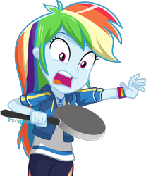 Size: 2106x2548 | Tagged: safe, artist:steyrrdash, imported from derpibooru, rainbow dash, equestria girls, clothes, female, frying pan, open mouth, screaming, show accurate, simple background, solo, transparent background