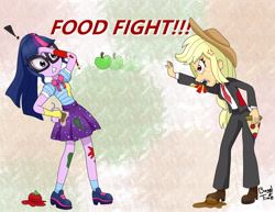 Size: 3300x2550 | Tagged: safe, artist:bageloftime, imported from derpibooru, sci-twi, twilight sparkle, equestria girls, ponies of dark water, apple, clothes, commission, commissioner:annonmyous, donaldjack, duo, equestria girls-ified, female, food, food fight, pizza, suit, tomato