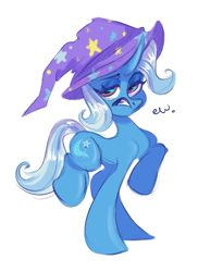 Size: 636x874 | Tagged: safe, artist:maximkoshe4ka, imported from derpibooru, trixie, pony, unicorn, clothes, disgusted, ew, female, hat, mare, open mouth, raised hoof, raised leg, simple background, solo, trixie's hat, white background