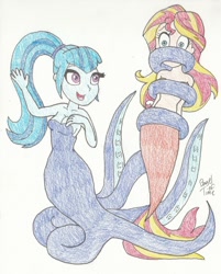 Size: 1128x1400 | Tagged: safe, artist:bageloftime, imported from derpibooru, sonata dusk, sunset shimmer, mermaid, equestria girls, bare shoulders, bondage, cecaelia, commissioner:arielfan90, duo, female, mermaidized, open mouth, sleeveless, species swap, strapless, tentacle bondage, tentacles, tied up, traditional art