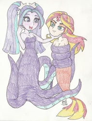 Size: 1065x1400 | Tagged: safe, artist:bageloftime, imported from derpibooru, aria blaze, sunset shimmer, mermaid, equestria girls, bare shoulders, bondage, breasts, cecaelia, cleavage, commission, commissioner:arielfan90, duo, female, mermaidized, open mouth, sleeveless, species swap, strapless, tentacle bondage, tentacles, tied up, traditional art