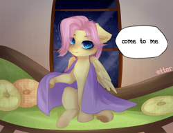 Size: 2534x1959 | Tagged: safe, artist:etter, imported from derpibooru, fluttershy, pegasus, pony, bed, bronybait, chest fluff, colored pupils, cute, ear fluff, floppy ears, fluffy, inviting, room, shyabetes, solo, talking to viewer, unmoving plaid, watermark, window, wings