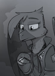 Size: 1024x1398 | Tagged: safe, artist:sinrar, imported from derpibooru, gilda, griffon, artificial wings, augmented, cigarette, clothes, exhale, female, grayscale, jacket, mechanical wing, monochrome, smoke, smoking, solo, wings