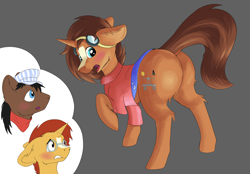 Size: 4720x3280 | Tagged: safe, artist:shaliwolf, imported from derpibooru, full steam, promontory, sunburst, oc, oc:nova reactor, earth pony, pony, unicorn, butt, clothes, commissioner:bigonionbean, flank, fusion, fusion:promontory, fusion:sunburst, glasses, goggles, hat, large butt, male, plot, stallion, thought bubble