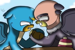 Size: 1128x750 | Tagged: safe, artist:beesmeliss, imported from derpibooru, gallus, grampa gruff, griffon, arm wrestling, chibi