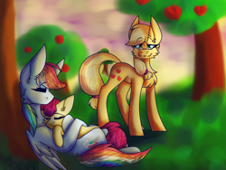 Size: 1212x912 | Tagged: safe, artist:blackmarkerdraws, imported from derpibooru, apple bloom, applejack, rainbow dash, earth pony, pegasus, pony, apple, apple tree, chest fluff, eyes closed, female, filly, foal, food, sleeping, tree, trio