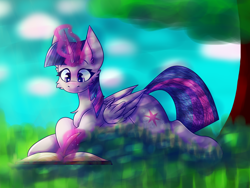 Size: 1212x912 | Tagged: safe, artist:blackmarkerdraws, imported from derpibooru, twilight sparkle, alicorn, pony, book, cheek fluff, chest fluff, female, glowing, glowing horn, grass, horn, lying down, magic, prone, solo, tree, twilight sparkle (alicorn)