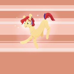 Size: 1800x1800 | Tagged: safe, artist:itslage, imported from derpibooru, oc, oc only, earth pony, pony, colored pupils, ear piercing, eyelashes, female, happy, happy face, jewelry, jumping, lineless, mare, necklace, nyoom, open mouth, open smile, piercing, pink, smiling, solo, striped background, watermark