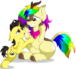 Size: 8800x8000 | Tagged: safe, artist:rainbowtashie, imported from derpibooru, oc, oc:rainbow tashie, oc:tommy the human, alicorn, earth pony, kirin, pony, alicorn oc, australia, butt, child, colt, commissioner:bigonionbean, crying, cute, daaaaaaaaaaaw, dialogue, duo, female, flank, foal, grin, horn, hug, kirin oc, kirin-ified, male, nintendo, plot, simple background, smiling, species swap, sweat, teary eyes, the ass was fat, thought bubble, transparent background, wings, worried