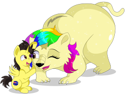 Size: 8700x6500 | Tagged: safe, artist:rainbowtashie, imported from derpibooru, oc, oc:rainbow tashie, oc:tommy the human, alicorn, bear, pony, ursa, alicorn oc, australia, butt, child, colt, commissioner:bigonionbean, cute, daaaaaaaaaaaw, dialogue, duo, female, flank, foal, grin, horn, hug, huge butt, large butt, magic, male, plot, simple background, smiling, species swap, the ass was fat, thought bubble, transparent background, wings