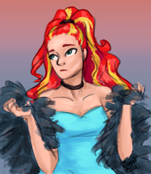 Size: 1024x1184 | Tagged: safe, artist:elisdoominika, imported from derpibooru, sunset shimmer, human, equestria girls, bare shoulders, choker, clothes, dress, eyeroll, looking up, ponytail, sleeveless, solo