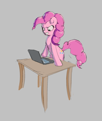Size: 831x983 | Tagged: safe, pinkie pie, earth pony, pony, aggie.io, angry, computer, female, laptop computer, mare, simple background, table