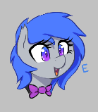 Size: 139x159 | Tagged: safe, artist:thebatfang, oc, oc only, oc:lucky roll, bat pony, pony, aggie.io, bow, fangs, female, lowres, mare, open mouth, simple background, smiling