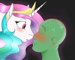 Size: 1006x795 | Tagged: safe, anonymous editor, artist:backlash91, edit, imported from ponybooru, princess celestia, oc, oc:anon, alicorn, human, pony, blushing, boop, crown, cute, cutelestia, duo, jewelry, looking at each other, regalia, sweat, touching face