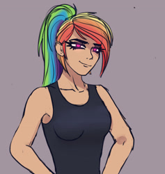 Size: 1920x2027 | Tagged: safe, artist:opal_radiance, imported from derpibooru, rainbow dash, human, breasts, clothes, female, humanized, ponytail, solo, tanktop