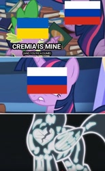 Size: 812x1320 | Tagged: safe, edit, edited screencap, imported from ponybooru, screencap, spike, twilight sparkle, alicorn, dragon, father knows beast, book, comic, eqg flag-tag meme, female, heart, heartbreak, male, politics, russia, sad, screencap comic, twilight sparkle (alicorn), ukraine, winged spike, wings, x-ray, x-ray picture