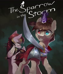Size: 3489x4096 | Tagged: safe, artist:cadillacdynamite, imported from derpibooru, oc, oc only, pegasus, pony, unicorn, armor, fanfic, fanfic art, fanfic cover, sword, weapon