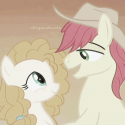 Size: 1080x1080 | Tagged: safe, edit, edited screencap, imported from derpibooru, screencap, bright mac, pear butter, earth pony, pony, season 7, the perfect pear, animated, baby, baby pony, colt, cowboy hat, duo, female, filly, flower, flower in hair, foal, hat, male, mare, open mouth, open smile, smiling, sound, stallion, tiktok, webm