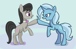 Size: 461x298 | Tagged: safe, artist:plunger, artist:toffo, octavia melody, trixie, earth pony, pony, unicorn, bipedal, duo, female, full body, high five, hoofbump, mare, necktie, open mouth, open smile, simple background, standing, teeth, tongue out