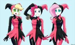 Size: 1280x768 | Tagged: safe, artist:riouku, imported from derpibooru, applejack, fluttershy, pinkie pie, human, breasts, busty applejack, busty fluttershy, busty pinkie pie, female, females only, grin, humanized, hypnosis, jester, latex, matching outfits, open mouth, open smile, pendulum swing, pocket watch, smiling, swirly eyes