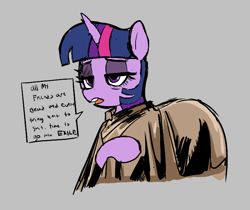 Size: 704x590 | Tagged: safe, twilight sparkle, pony, unicorn, aggie.io, cloak, clothes, dialogue, female, mare, open mouth, sad, simple background, talking