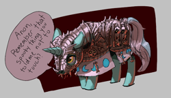 Size: 570x328 | Tagged: safe, artist:rhorse, lyra heartstrings, pony, unicorn, aggie.io, armor, dialogue, implied anon, simple background, speech bubble