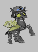 Size: 125x171 | Tagged: safe, oc, oc only, changeling, aggie.io, concerned, frown, helmet, lowres, raised hoof, simple background