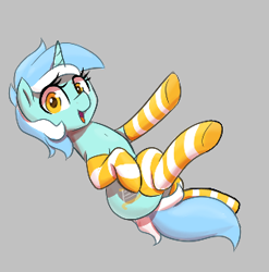 Size: 303x307 | Tagged: safe, artist:thebatfang, lyra heartstrings, pony, unicorn, aggie.io, clothes, female, lowres, mare, on back, open mouth, simple background, smiling, socks