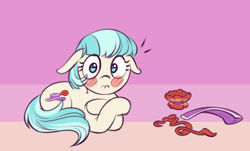 Size: 1442x873 | Tagged: safe, artist:gor1ck, imported from derpibooru, coco pommel, earth pony, pony, blush sticker, blushing, cocobetes, cute, embarrassed, embarrassed nude exposure, female, floppy ears, mare, missing accessory, nudity, solo, we don't normally wear clothes