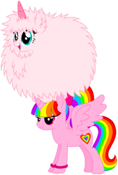 Size: 1280x1893 | Tagged: safe, artist:ra1nb0wk1tty, imported from derpibooru, oc, oc only, oc:fluffle puff, oc:rainbow kitty, alicorn, earth pony, pony, alicorn oc, duo, duo female, earth pony oc, fake horn, female, frown, hooves, horn, mare, multicolored hair, open mouth, open smile, pink fluffy unicorns dancing on rainbows, rainbow hair, rainbow tail, show accurate, simple background, smiling, spread wings, standing, tail, transparent background, wings