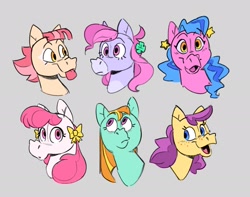 Size: 1917x1514 | Tagged: safe, artist:kylesmeallie, imported from derpibooru, bon bon (g1), bright eyes, clover (g1), melody, patch (g1), sweetheart, earth pony, pony, my little pony tales, bow, bust, ear piercing, earring, female, freckles, g1, gray background, hair bow, jewelry, looking at you, looking up, mare, open mouth, open smile, piercing, simple background, smiling, tongue out