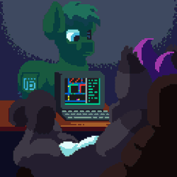 Size: 600x600 | Tagged: safe, artist:vohd, imported from derpibooru, oc, oc:ex, pony, robot, unicorn, animated, computer, duskers, gif, lying down, on back, pixel art, programming, video game